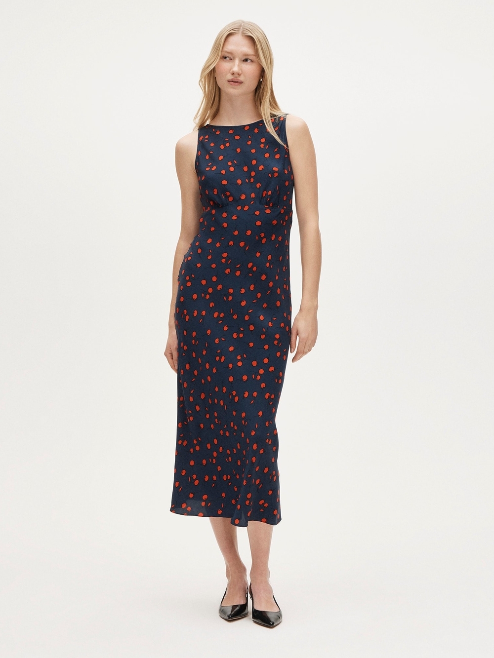 J. Crew Navy Midi Dress with Red Spot Print